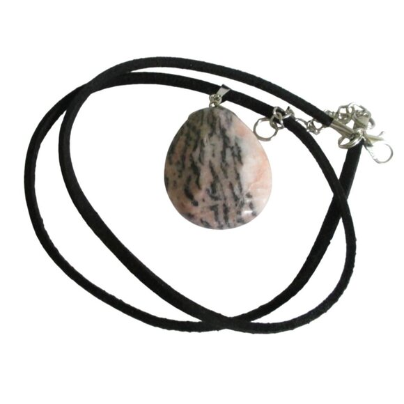 New Rhodonite Stone Teardrop Pendant Necklace 18" to 20" Black Suede Cord - Picture 6 of 7